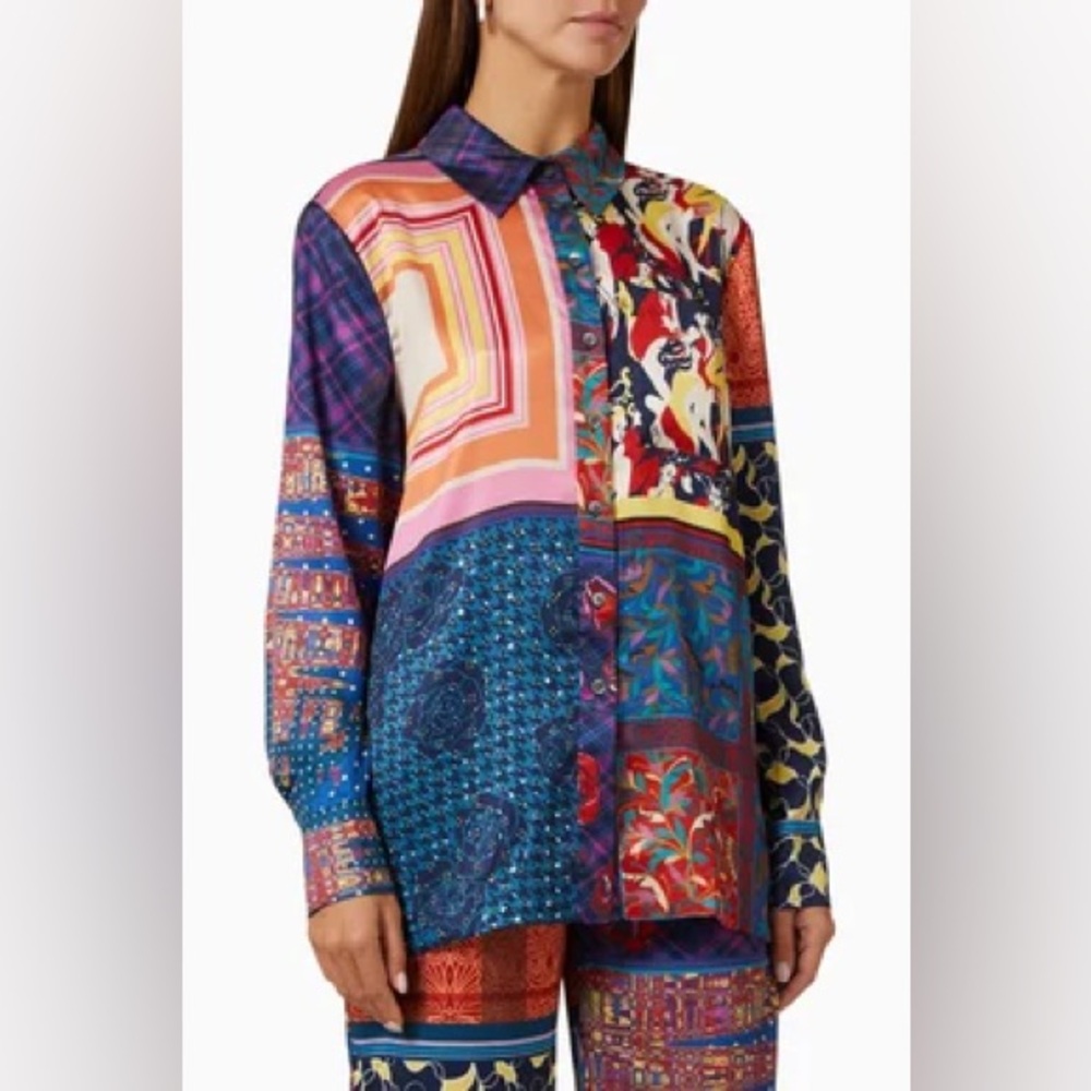 STAUD Martha Patchwork Satin Tunic Blouse L Colorblock Boho Top